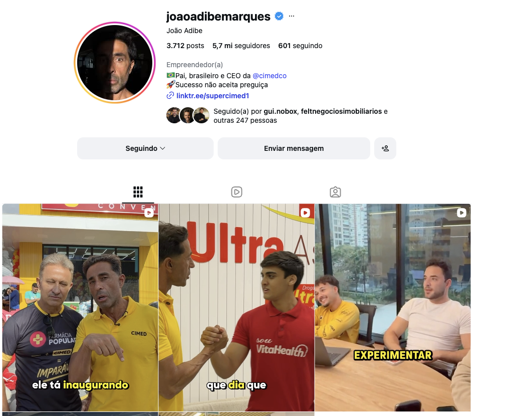 Perfil de João Adibe no Instagram, 5,7 milhões de seguidores