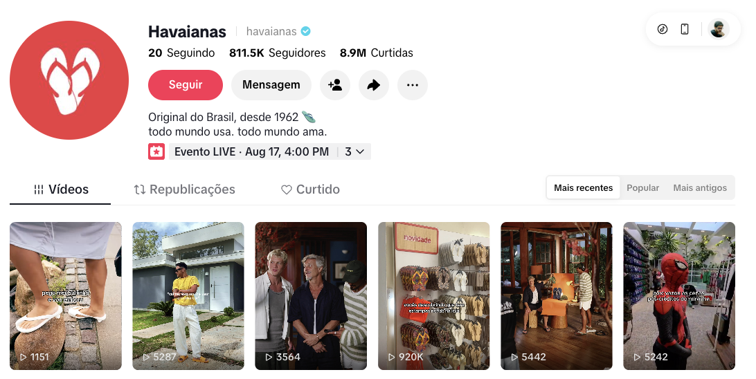 Perfil verificado da Havaianas no TikTok