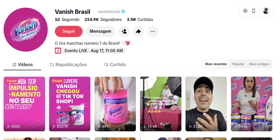 Perfil verificado da Vanish Brasil no TikTok
