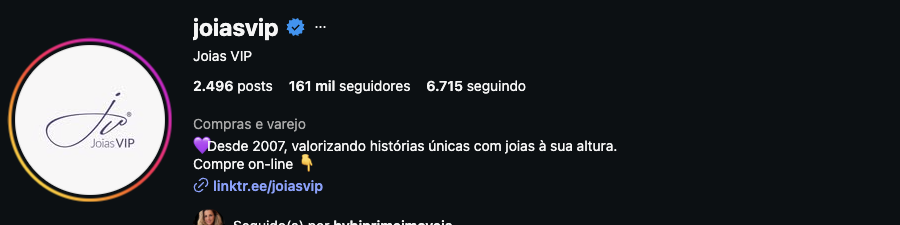 Perfil da Joias Vip no Instagram