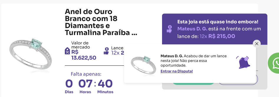 Página de leilão do site da Joias Vip