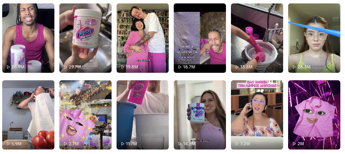 Grade de vídeos da Vanish Brasil no TikTok, com visualizações na casa dos milhões